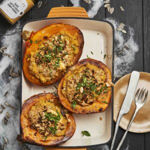 Recette Potimarrons farcis au boulghour, poulet et sauce curry - MARiUS, l'épicerie inspirée